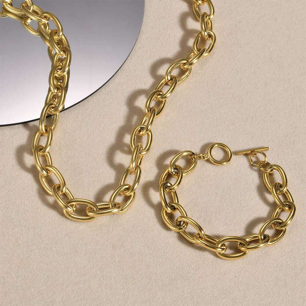 18K Gold Plated No-tarnish Medical Grade Titanium Metallic Style Chain Necklace & Bracelet