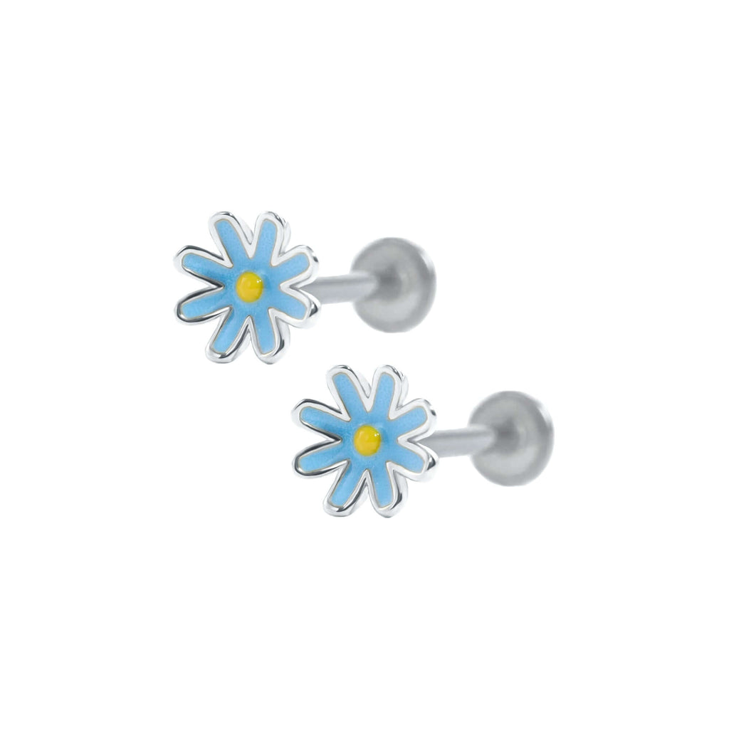 Blue Enamely Daisy Flower Ball Back & Flat Back Cartilage Earring