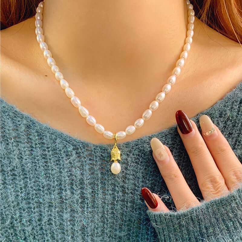 925 Sterling Silver Bell Real Pearl Necklace