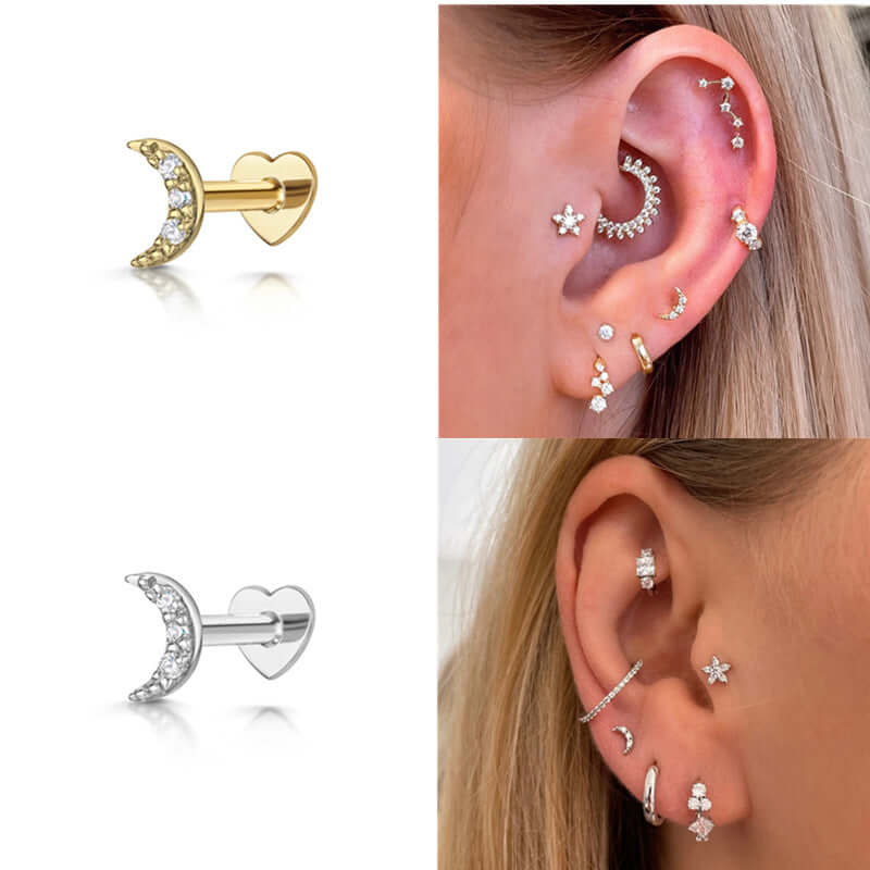 Love Flat Back CZ Diamond Moon Stud Earrings