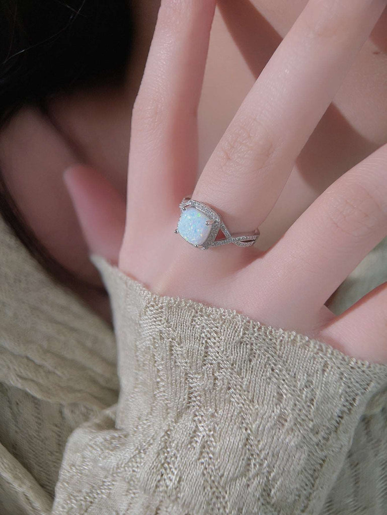S925 Silver Square Opal Elegant Ring with Diamonds