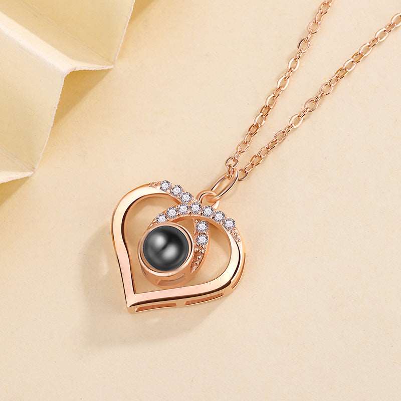 925 Silver Heart Shaped with CZ Diamonds Projection Necklace with Picture Inside