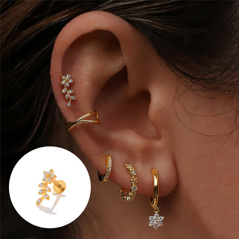 Floral and CZ Diamond Flat Back Cartilage Stud Earrings
