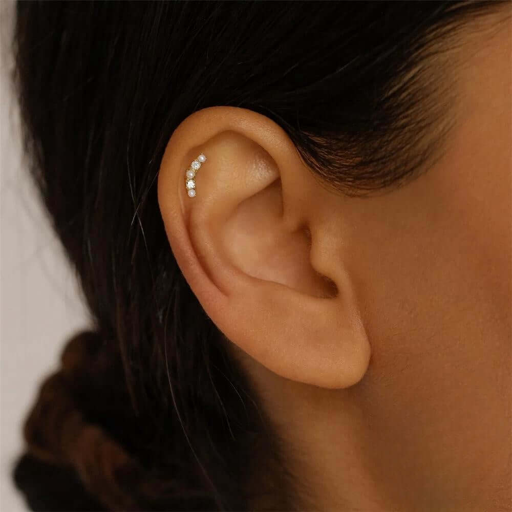 Curved Pearl with Diamonds Flat Back Stud Earrings