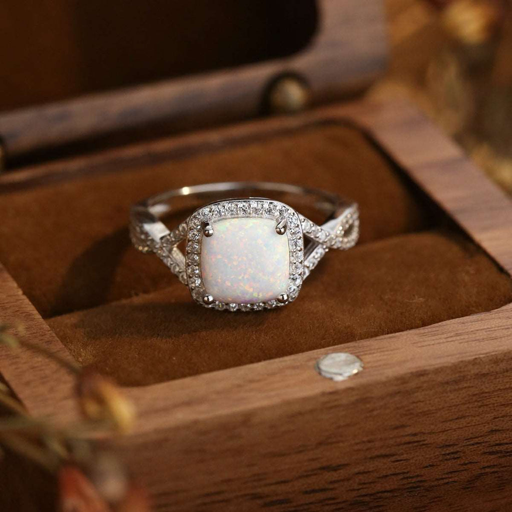 S925 Silver Square Opal Elegant Ring with Diamonds