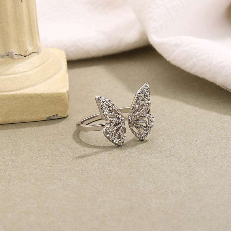925 Sterling Silver Openwork Butterfly Toi et Moi Ring