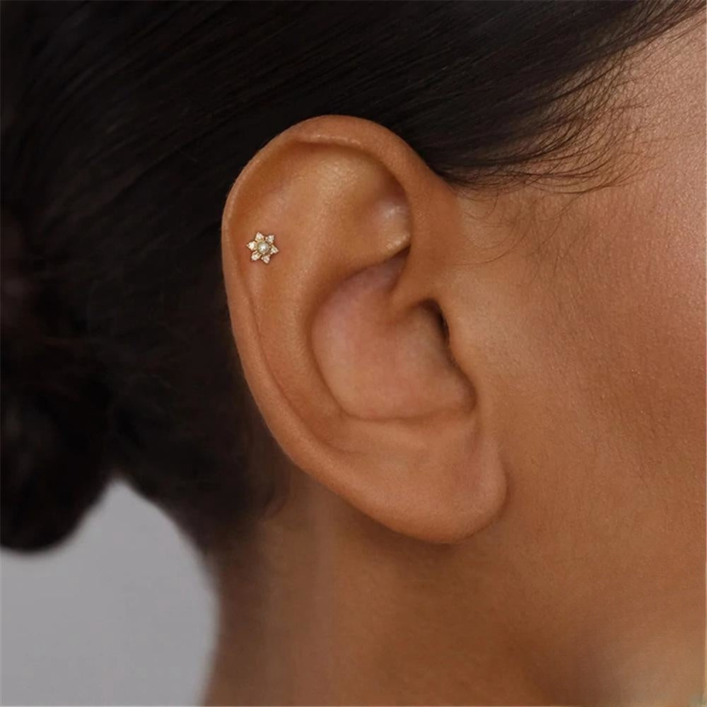 Sterling Silver Snowflake CZ Diamond Pearl Flat Back Earrings