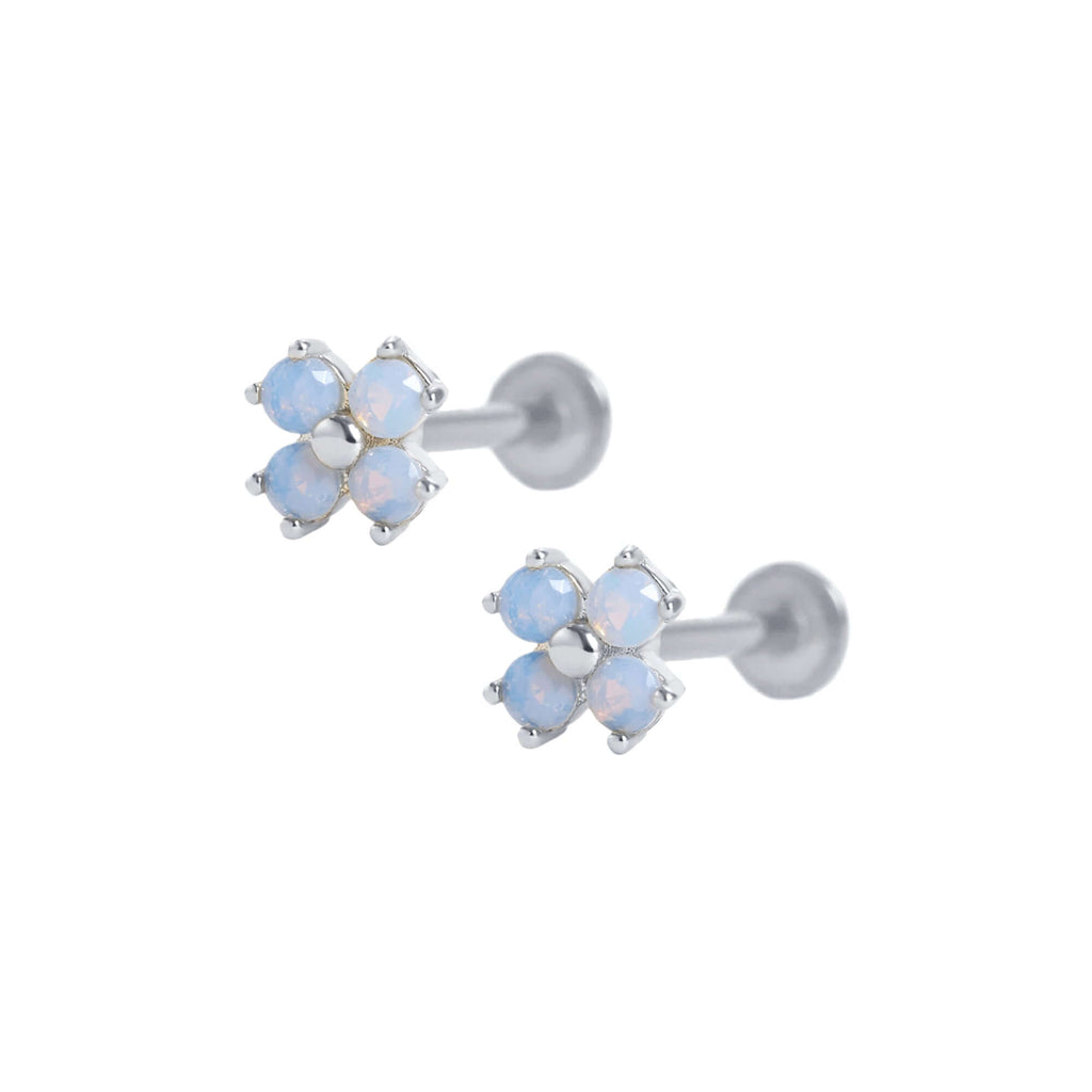 Light Blue Four-leaf Flower Ball Back & Flat Back Cartilage Earrings
