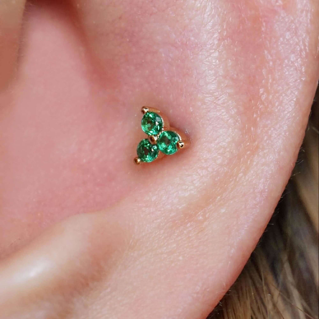 Emerald Green Leaf Clover Piercing Ball & Flat Back Cartilage Earrings