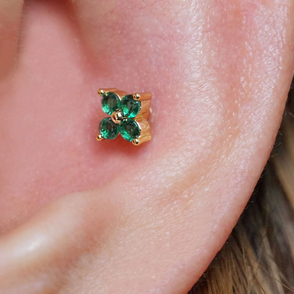 Emerald Green Four Leaf Clover Ball & Flat Back Cartilage Earrings