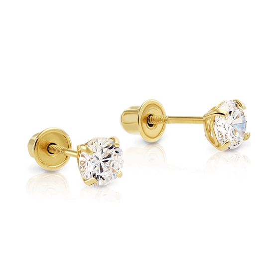 14k Gold Plated 4mm Clear CZ Baby Children Screw Back Earrings - Trendolla Jewelry