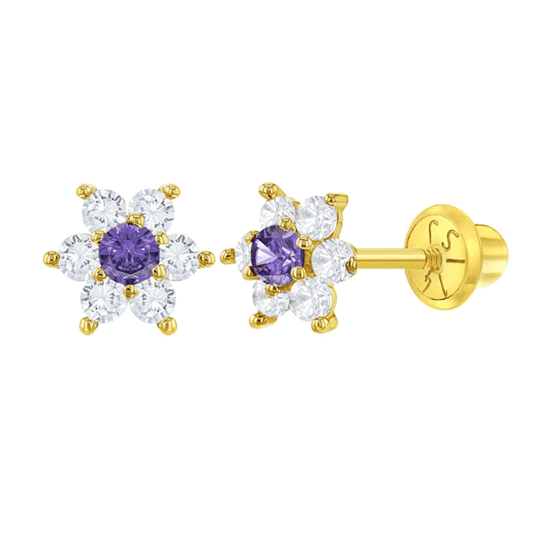 14k Gold Plated AAA White and Lavender CZ Flowers Baby Children Screw Back Earrings - Trendolla Jewelry