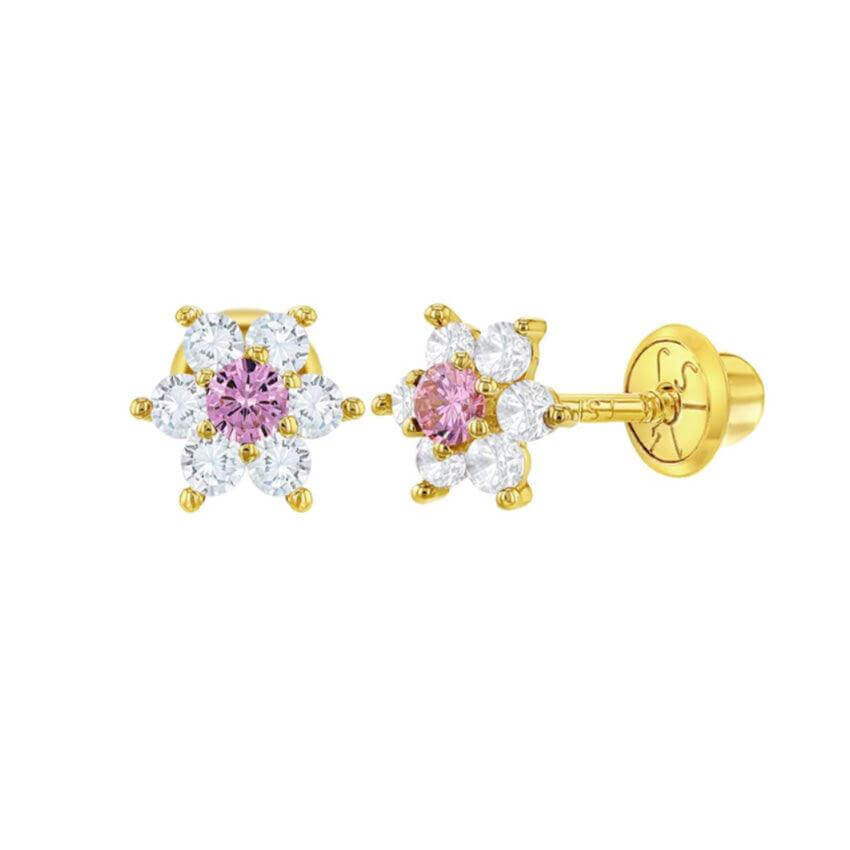 14k Gold Plated AAA White and Pink CZ Flowers Baby Children Screw Back Earrings - Trendolla Jewelry