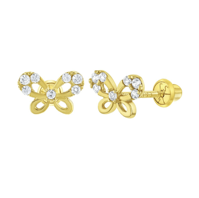14k Gold plated Clear AAA CZ Butterfly Baby Children Screw Back Earrings - Trendolla Jewelry