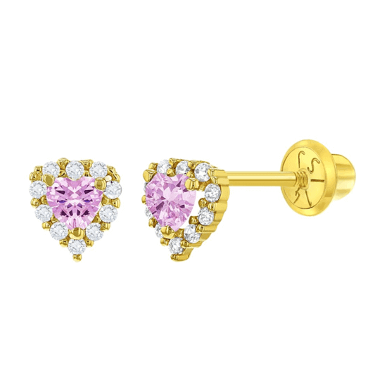 14k Gold Plated Pink AAA CZ Hearts Baby Children Screw Back Earrings - Trendolla Jewelry