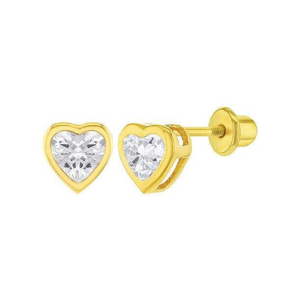 14k Gold Plated Simple AAA CZ Hearts Baby Children Screw Back Earrings - Trendolla Jewelry