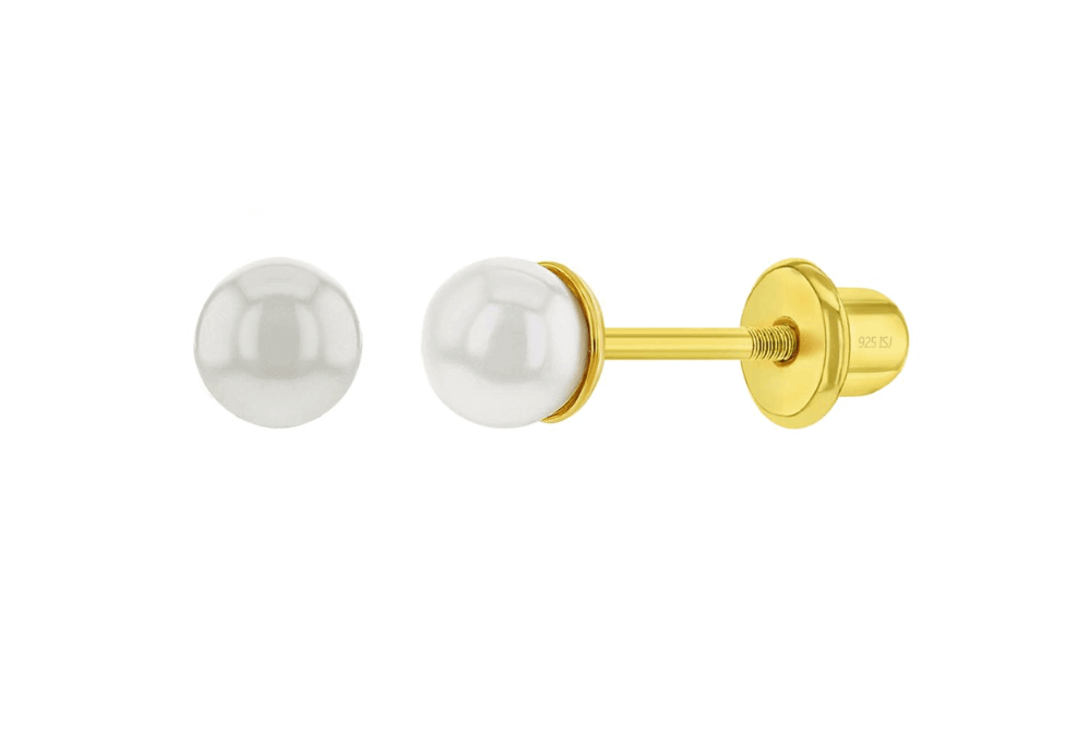 14k Gold Plated Sterling Silver 3mm Pearl Baby Children Screw Back Earrings - Trendolla Jewelry