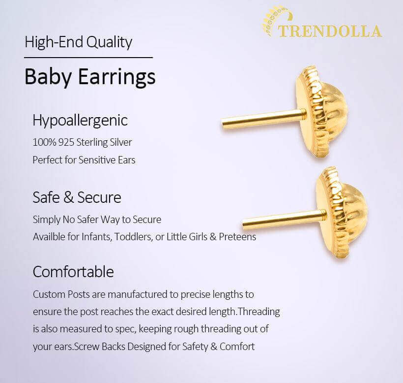14k Gold Princess Cut 3mm CZ Studs Baby Children Screw Back Earrings - Trendolla Jewelry