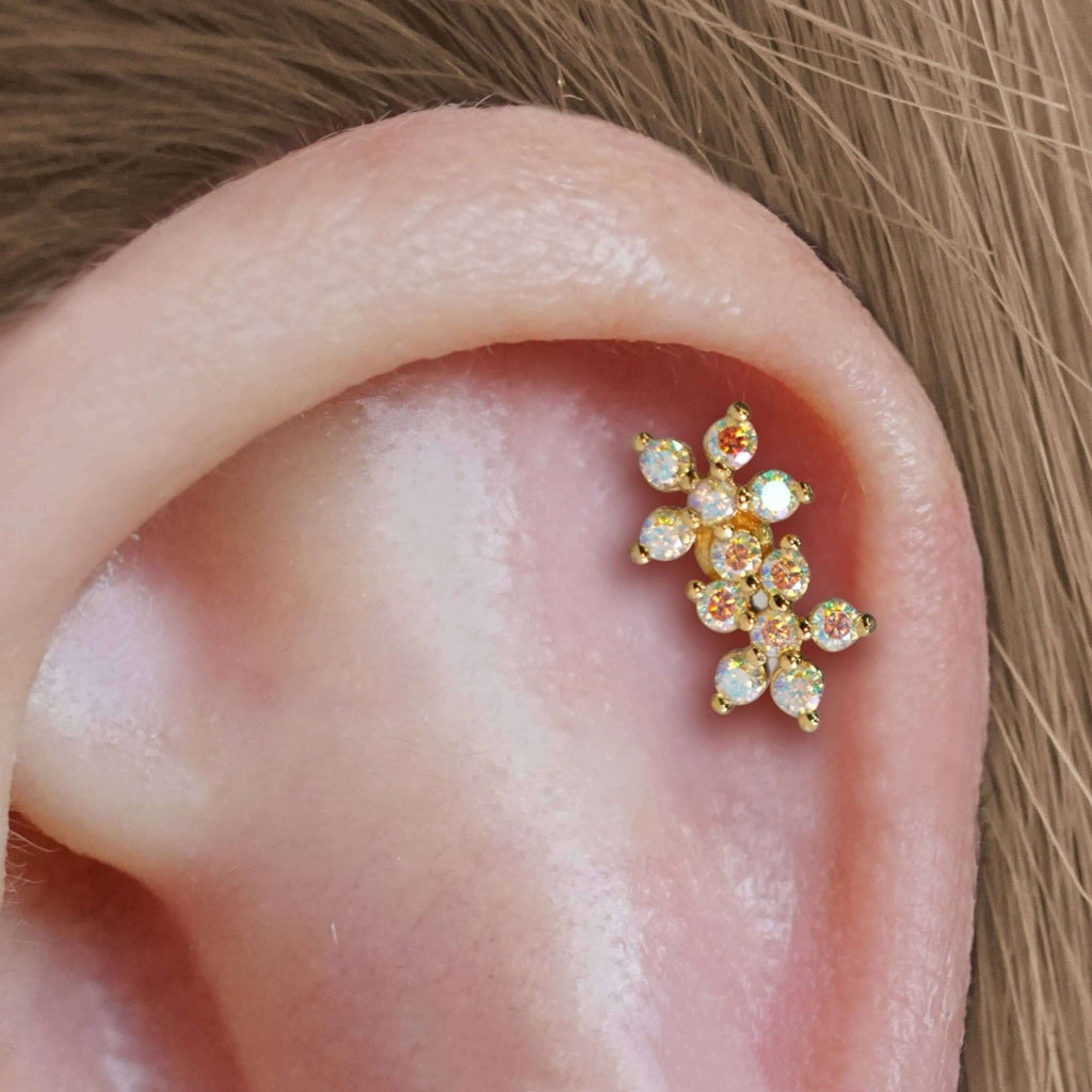 White AB Double Flower Ball Back & Flat Back Cartilage Earrings