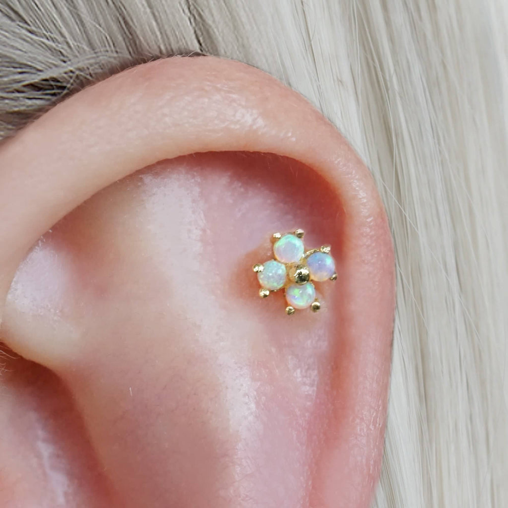 Pink Opal Four Leaf Clover Ball Back & Flat Back Cartilage Earrings