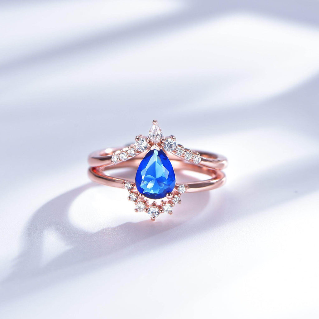 2Pcs Blue Sapphire Tear Drop Engagement Ring Set Layer Ring - Trendolla Jewelry