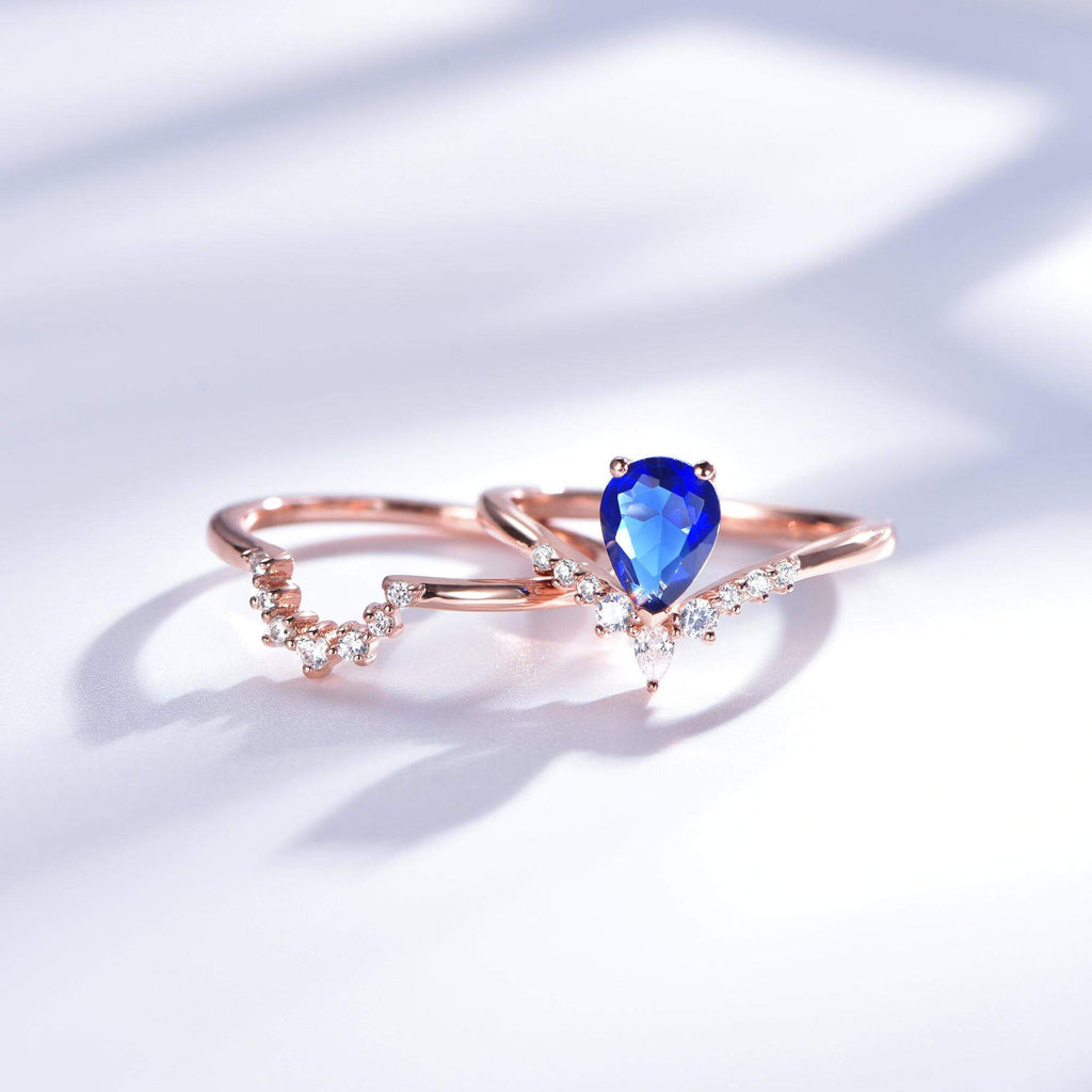 2Pcs Blue Sapphire Tear Drop Engagement Ring Set Layer Ring - Trendolla Jewelry