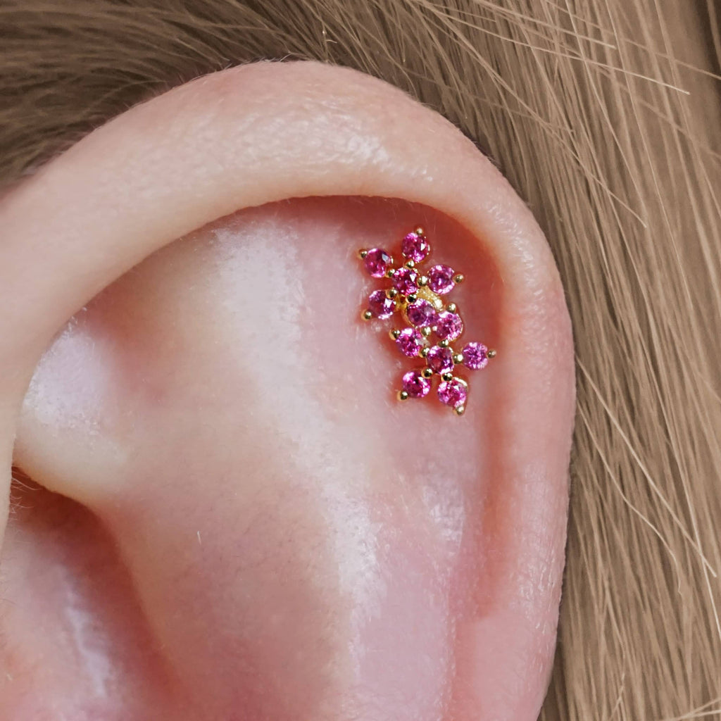 Trendolla Ruby Double Flowers Ball Back & Flat Back Cartilage Earrings