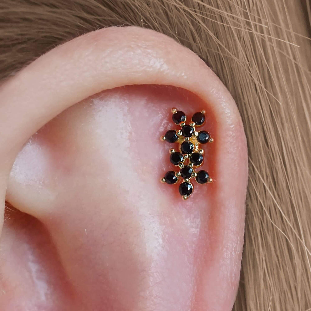 Black Spinel Double Flowers Ball Back & Flat Back Cartilage Earrings
