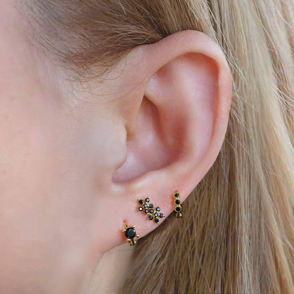 Black Spinel Double Flowers Ball Back & Flat Back Cartilage Earrings