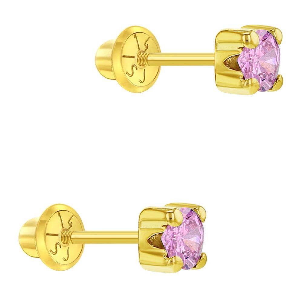 4 Prong CZ Solitaire 2-3mm 14k Yellow Gold Plated Baby Children Screw Back Earrings - Trendolla Jewelry