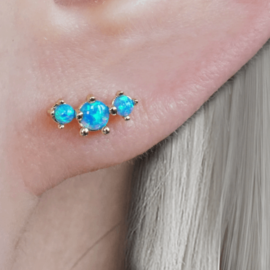 Curved Triple Blue Opal Prong Ball Back & Flat Back Cartilage Earrings