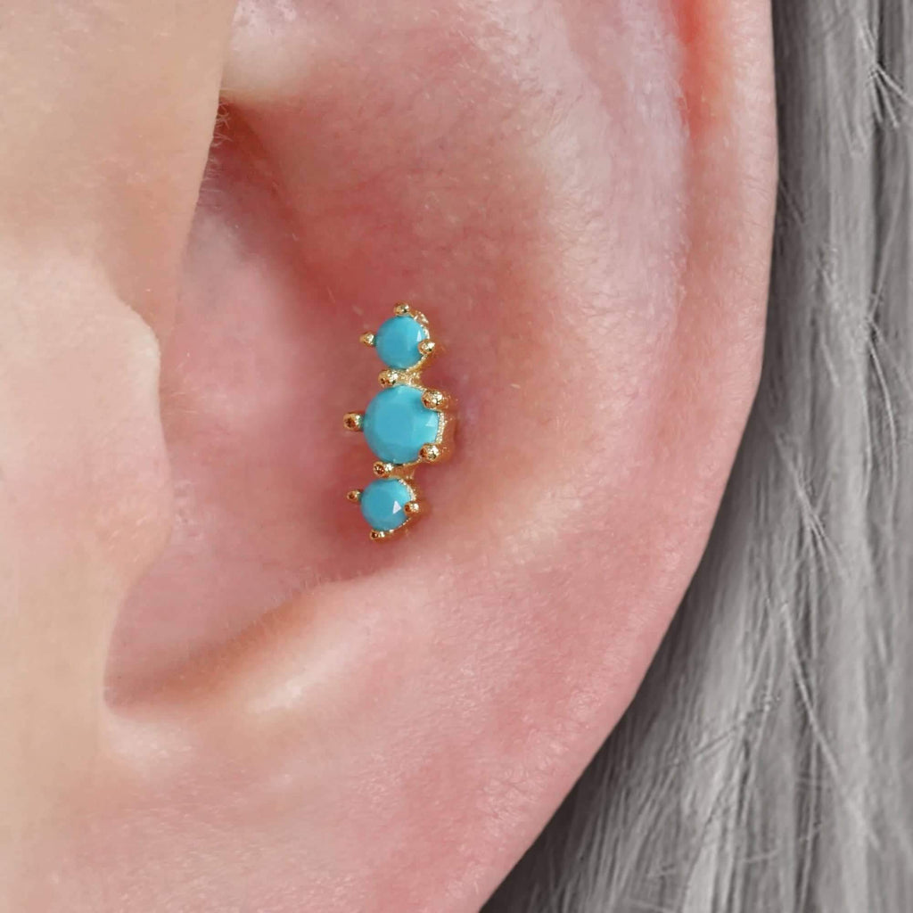 Curved Triple Turquoise Ball Back & Flat Back Cartilage Earrings