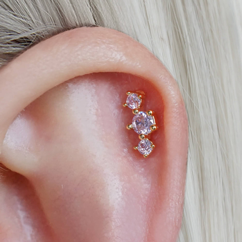Triple Pink Tourmaline Ball Back & Flat Back Cartilage Earrings