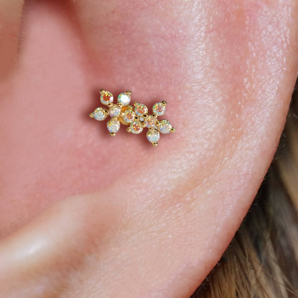 White AB Double Flower Ball Back & Flat Back Cartilage Earrings