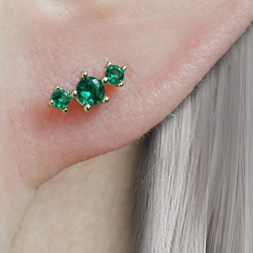 Curved Triple Emerald Green Ball Back & Flat Back Cartilage Earrings