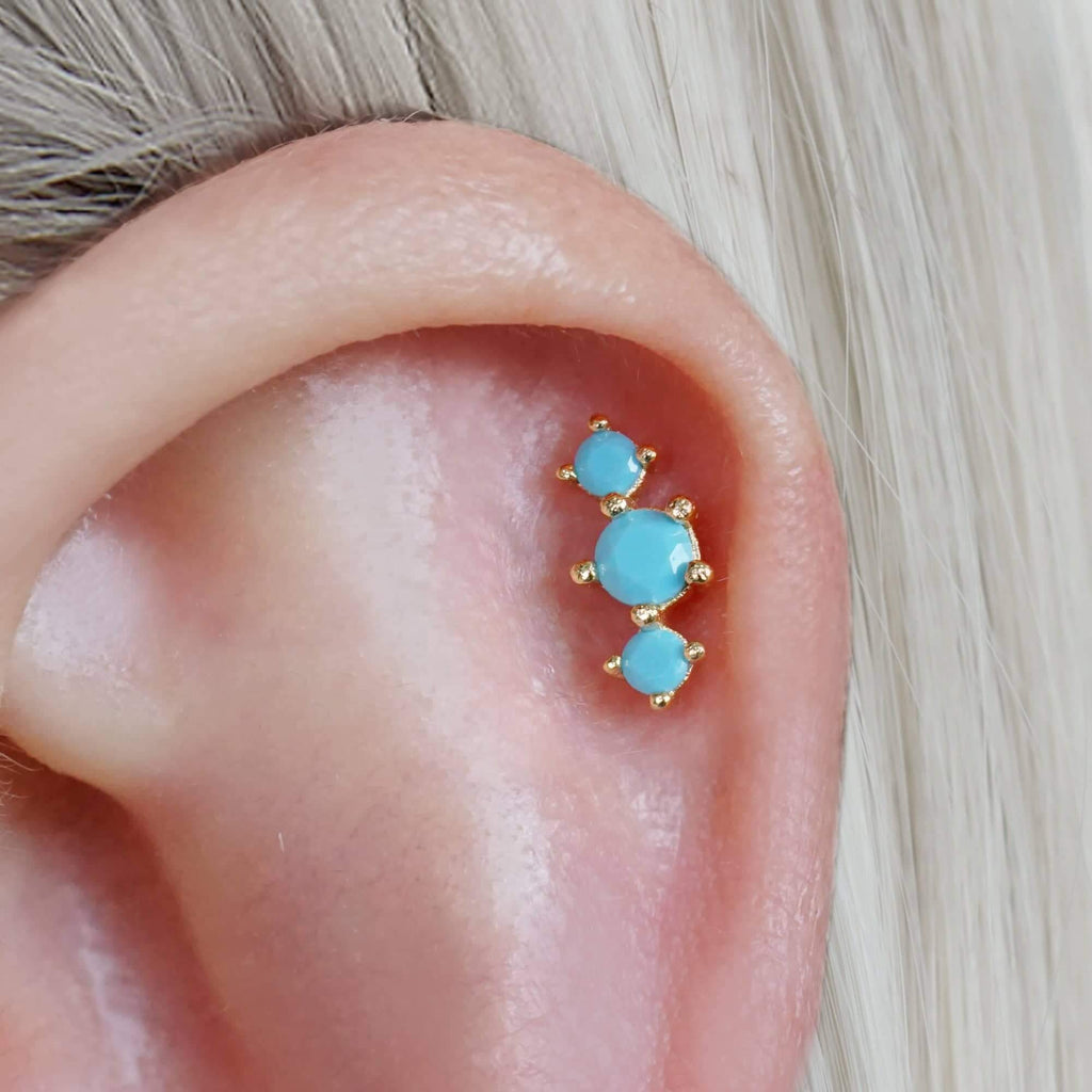 Curved Triple Turquoise Ball Back & Flat Back Cartilage Earrings