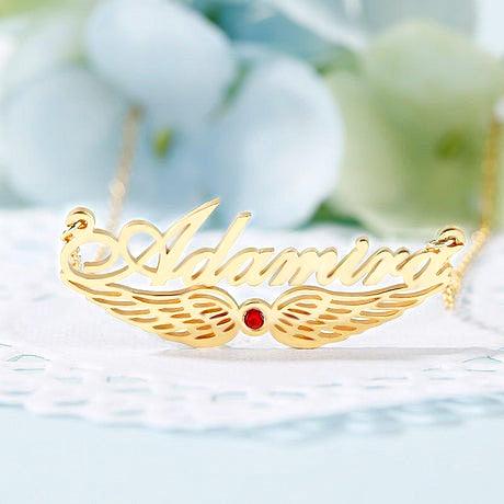 Angel Wings Personalized Sterling Silver Name Necklace with Birthstone - Trendolla Jewelry