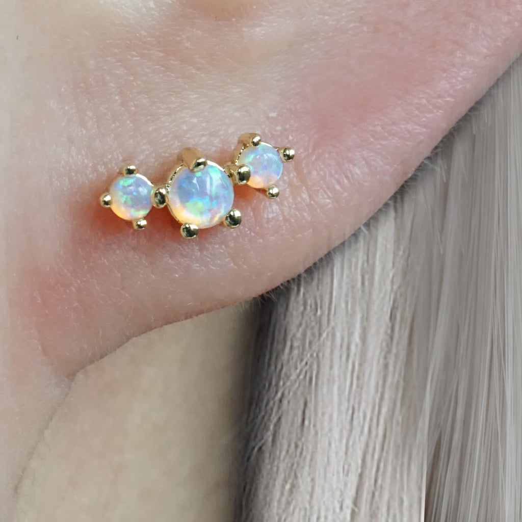 Curved Triple Pink Opal Prong Ball Back & Flat Back Cartilage Earrings