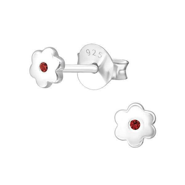 Baby and Children's Earrings:  Sterling Silver Flower Earrings with Central Garnet CZ - January Birthstone - Trendolla Jewelry