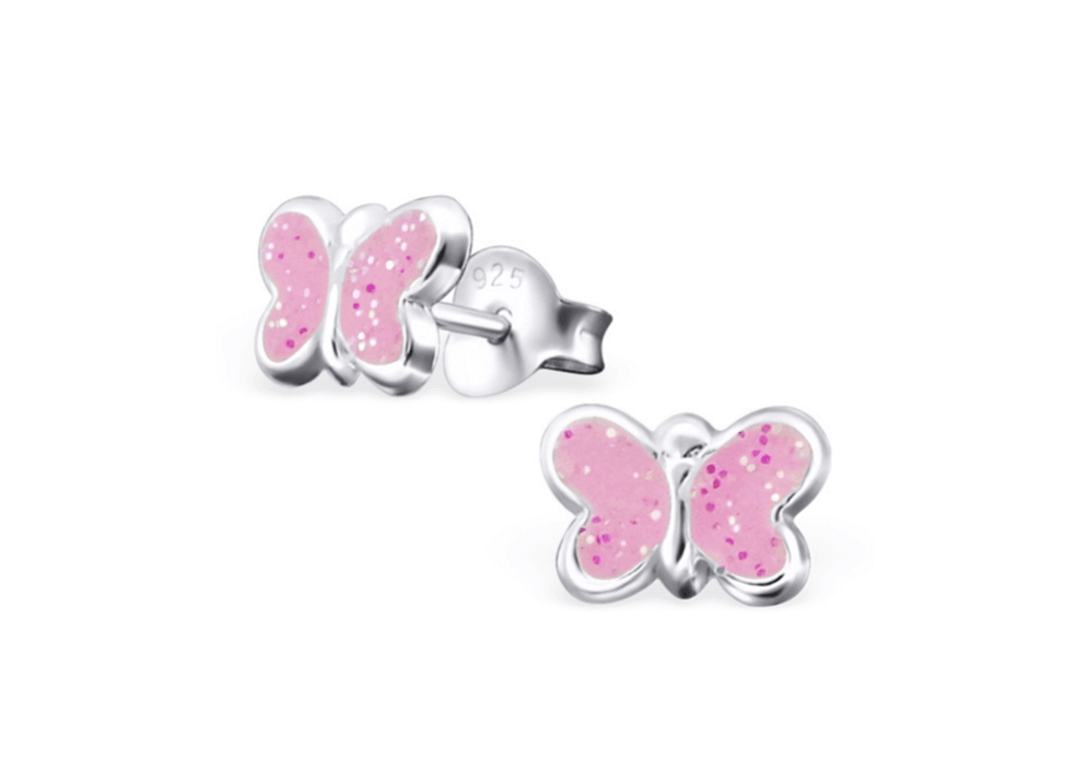 Baby and Toddler Earrings:  Sterling Silver, Pink Epoxy Glitter Butterflies - Trendolla Jewelry