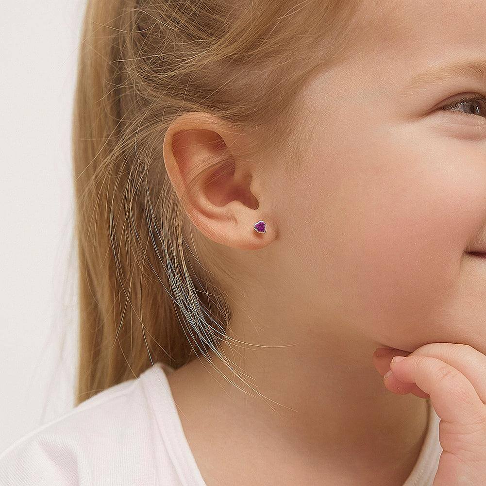 Bezel CZ Heart Baby Children Screw Back Earrings - Trendolla Jewelry