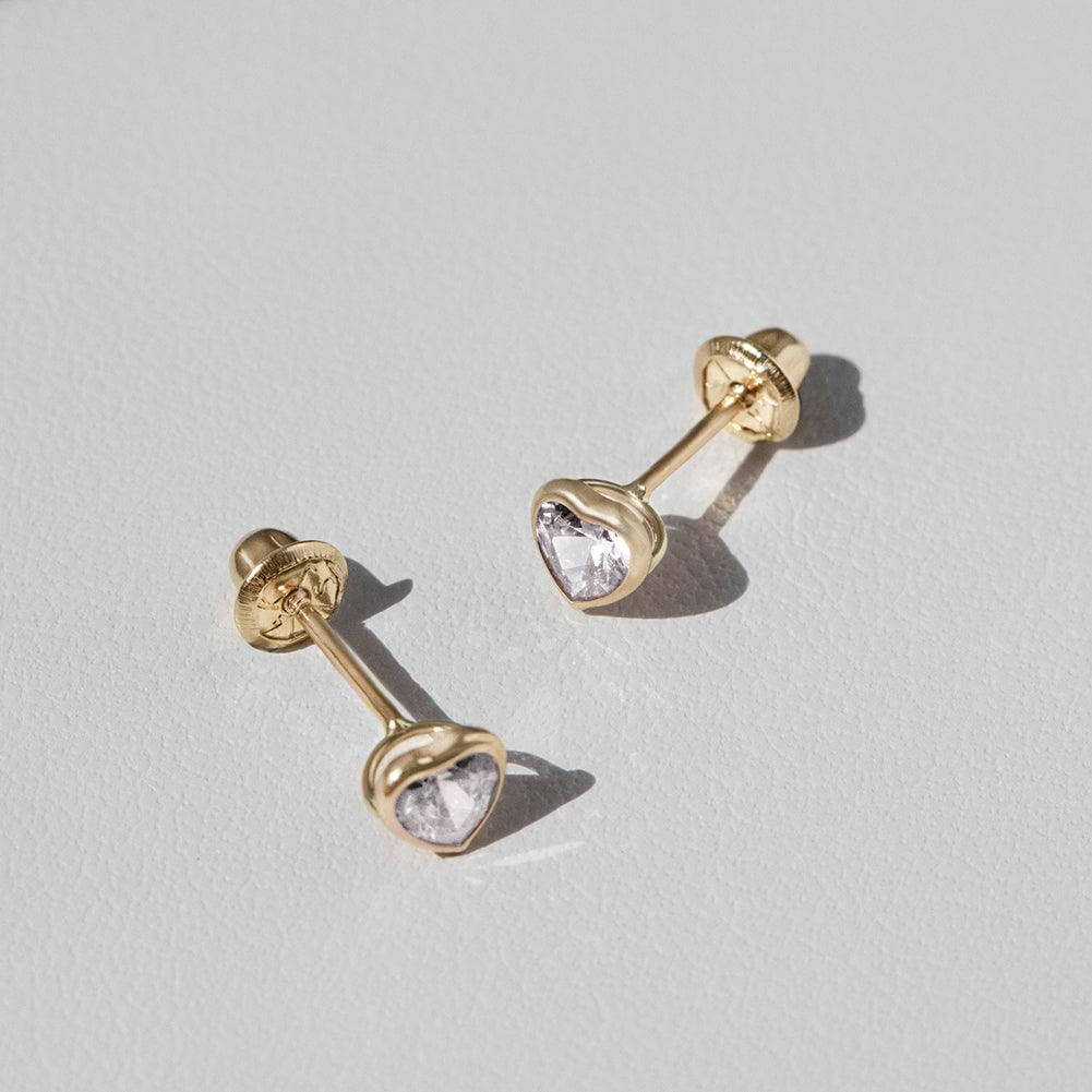 Bezel CZ Heart Baby Children Screw Back Earrings - Trendolla Jewelry