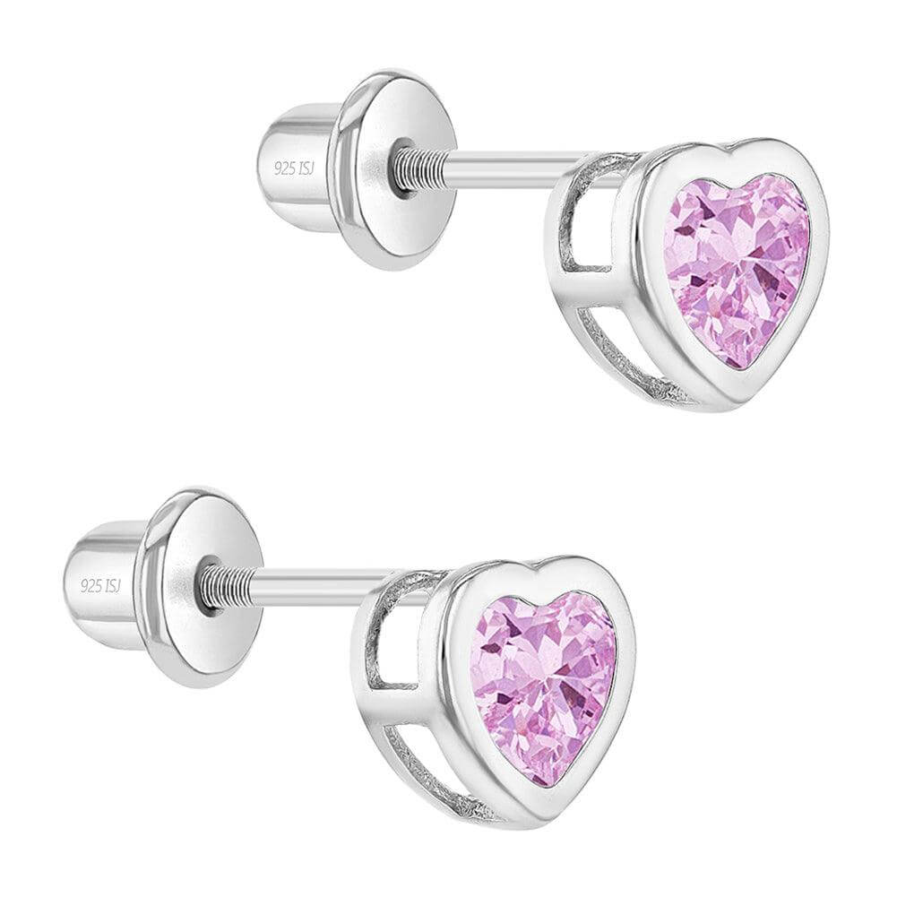 Bezel CZ Heart Sterling Silver Baby Children Screw Back Earrings - Trendolla Jewelry