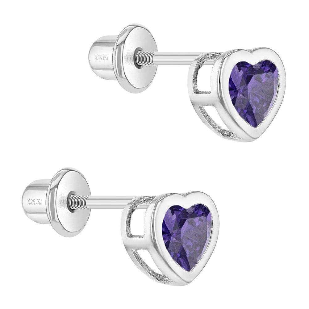 Bezel CZ Heart Sterling Silver Baby Children Screw Back Earrings - Trendolla Jewelry