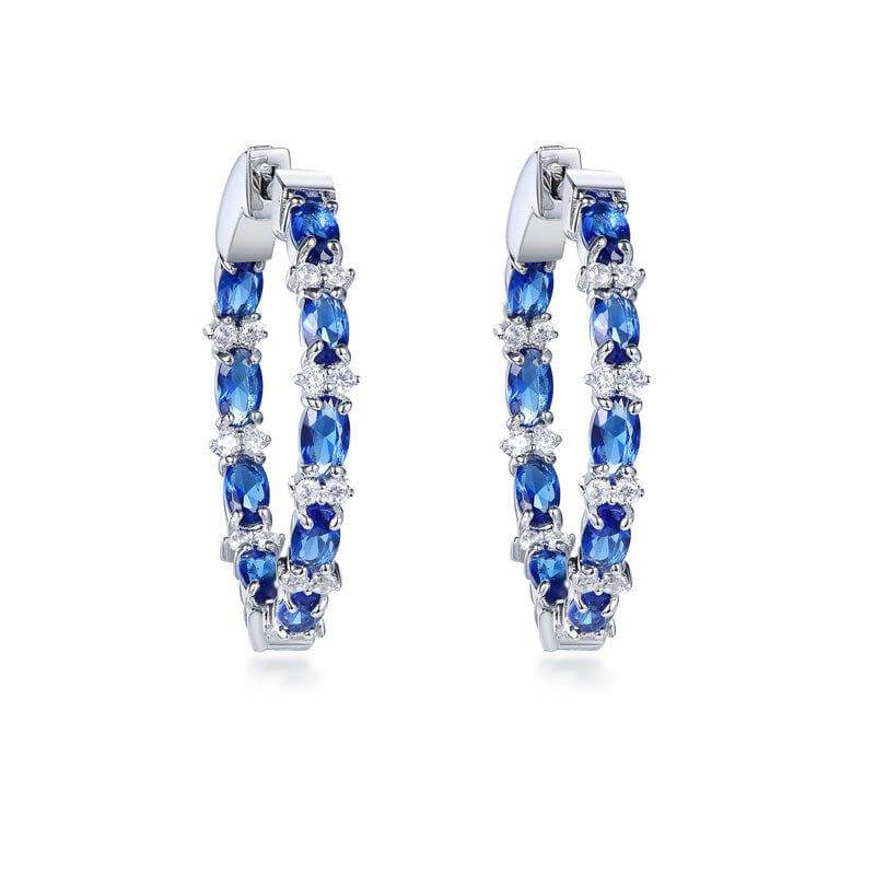 Blue Sapphire Oval Cut Hoop Earrings In Sterling Silver - Trendolla Jewelry