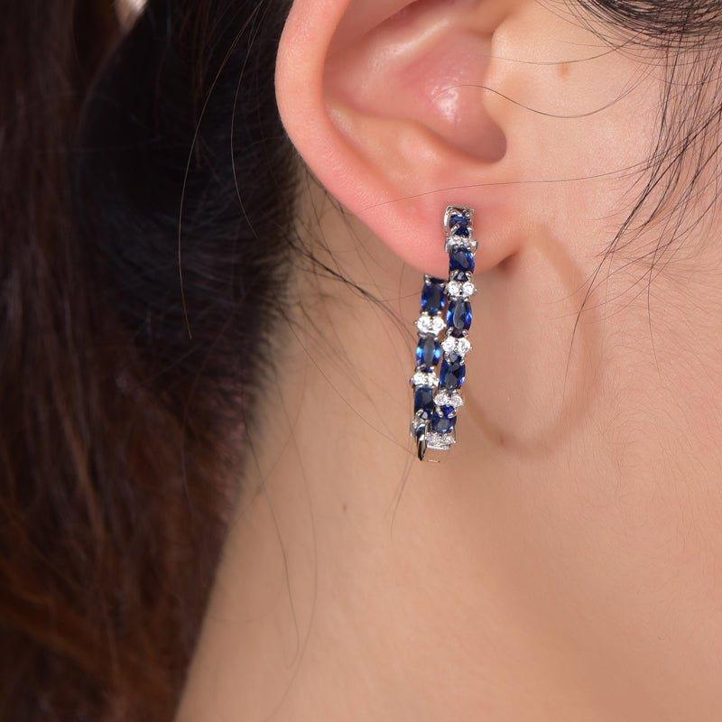 Blue Sapphire Oval Cut Hoop Earrings In Sterling Silver - Trendolla Jewelry