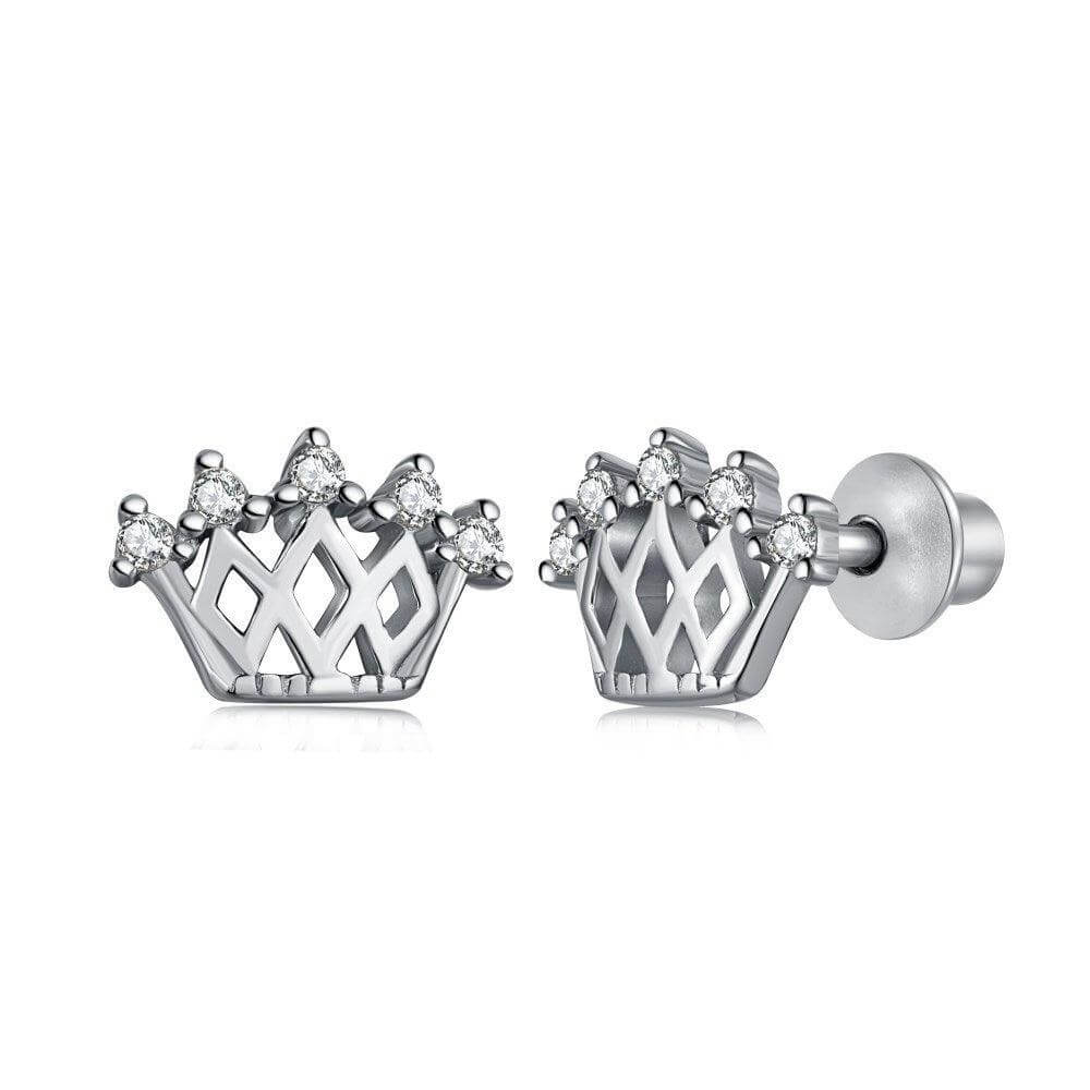 Children's Sterling Silver Crown Girl Earrings Baby Flat Back Earrings - Trendolla Jewelry