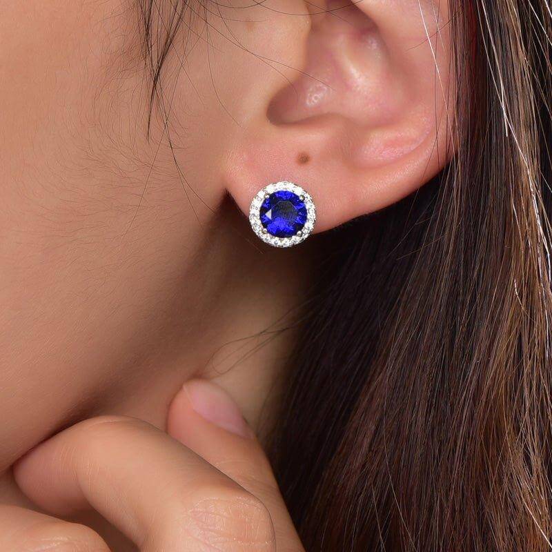 Classic Blue Sapphire Round Cut Stud Earrings In Sterling Silver - Trendolla Jewelry