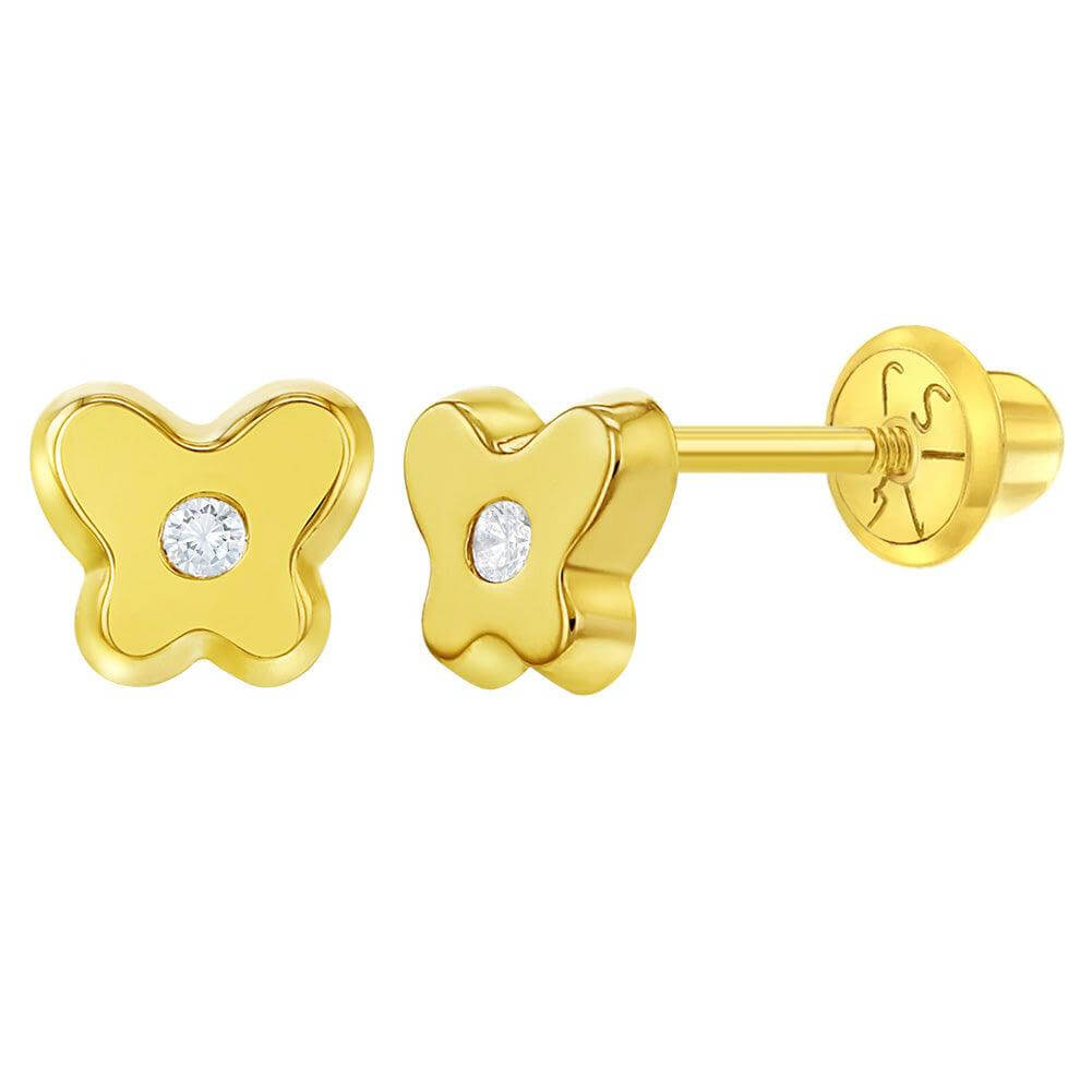 Classic CZ Butterfly 14k Gold Plated Sterling Silver Baby Children Screw Back Earrings - Trendolla Jewelry
