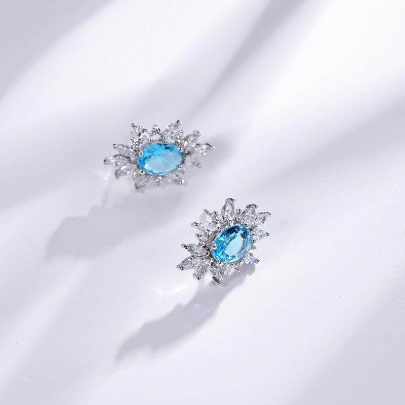 Classic Halo Aquamarine Blue Sapphire Oval Cut Stud Earrings In Sterling Silver - Trendolla Jewelry